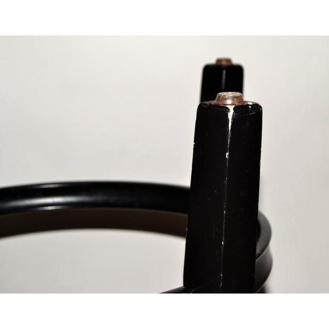 Pair, Vintage Swivel 24 Inch Kitchen Stools Black Wood Tan-Beige Faux Leather Seats For Sale - Image 15 of 16