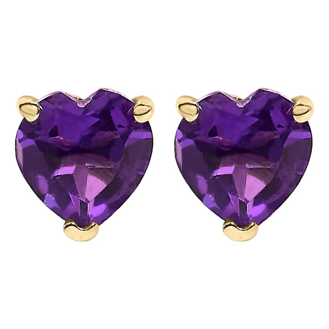14K Yellow Gold 5MM Heart Cut Amethyst Solitaire Stud Earrings For Sale