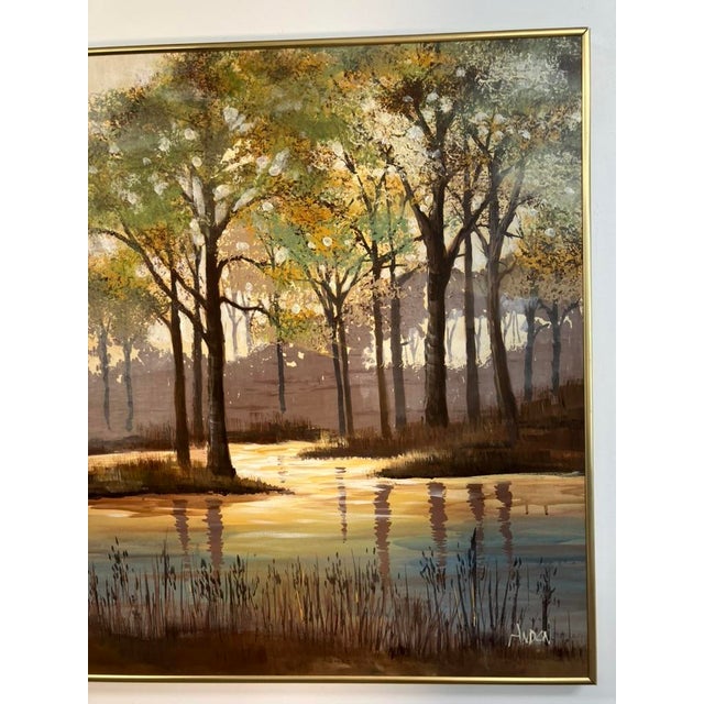 Mid 20th Century Large Vintage Landscape Painting by Andon – Trees Reflected in Water For Sale - Image 5 of 6