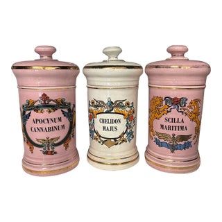 Antique 19th Century Parisian Pharmacy Latin Apothecary Ceramic Jar Set 3 For Sale