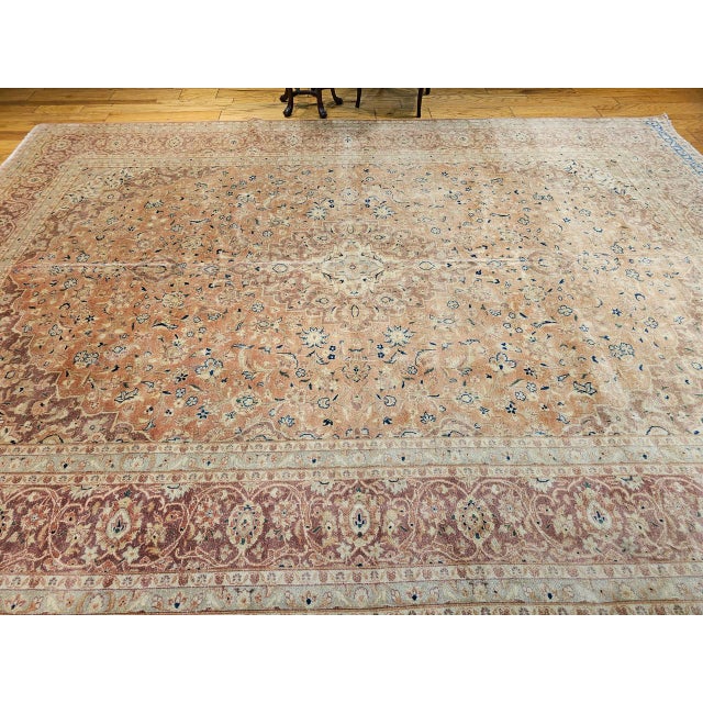Textile Vintage Persian Tabriz Rug, Hand-Knotted Wool, Floral Pattern, Pale Apricot & Burgundy, 10x13 For Sale - Image 7 of 16