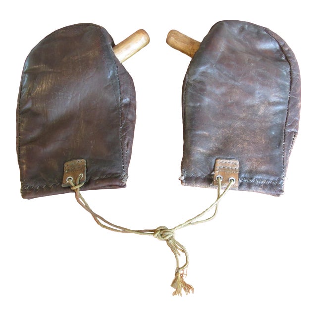 Antique 1930s Custom Made Leather Thumbless Boxing Gloves With Wooden Inserts For Sale