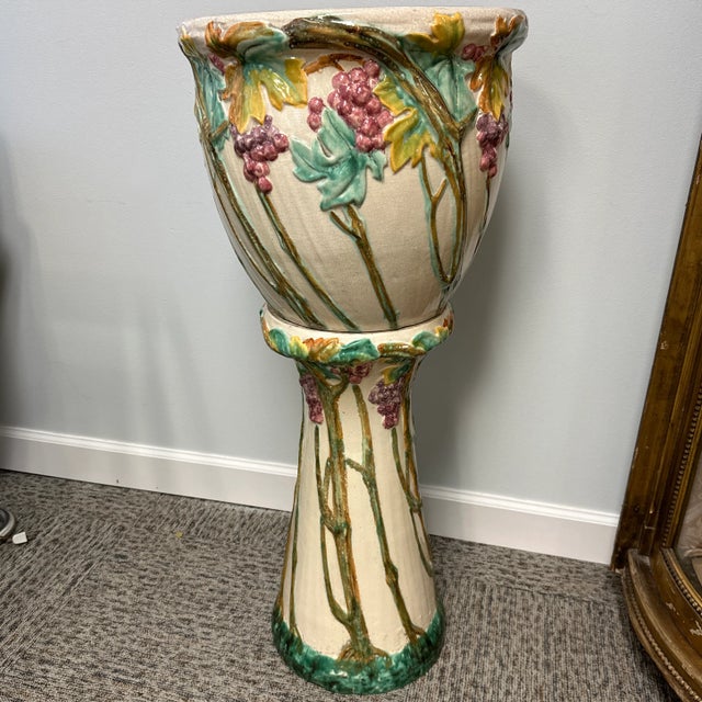 Majolica Art Nouveau Jardiniere & Pedestal For Sale - Image 9 of 9