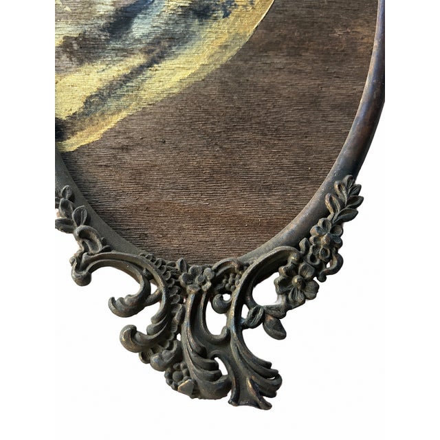 Vintage Mid-Century Abstract Gold & Black Impasto on Wood in Ornate Gilt Tall Oval Frame For Sale - Image 4 of 6