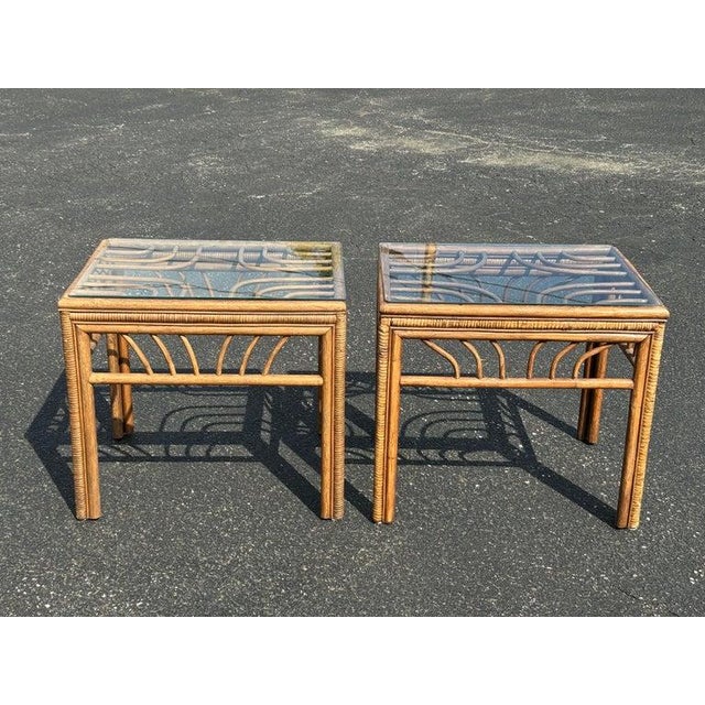 1980s Pair of Rattan Bamboo End Tables Attributed to Brown Jordan For Sale - Image 5 of 12
