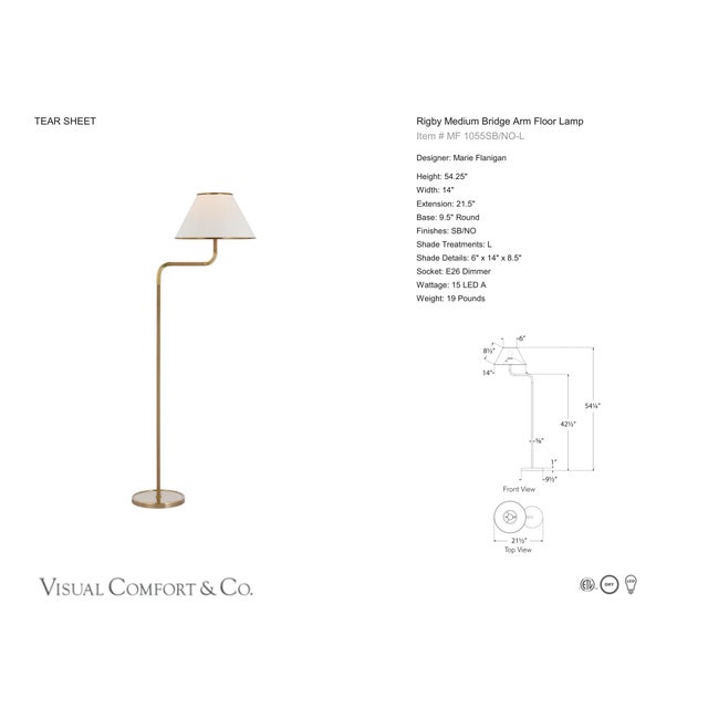 Marie Flanigan by Visual Comfort Signature Rigby Medium Bridge Arm Floor Lamp in Soft Brass and Natural Oak with Linen...