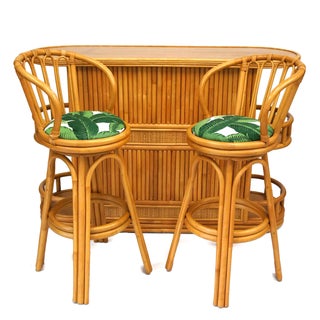 Bamboo Tiki Bar Set - Bar & Pair of Barstools For Sale