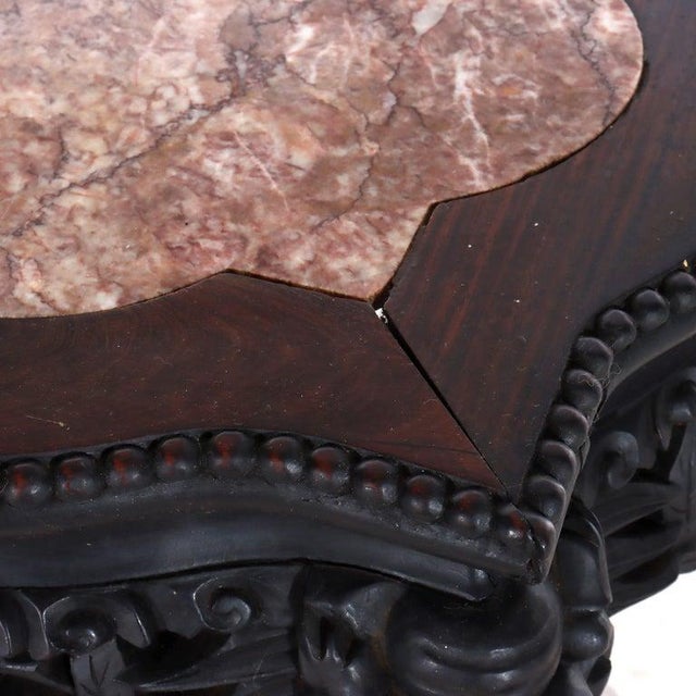 1910s Antique Chinese Carved Rosewood Rouge Marble Top Claw & Ball Foot Stand C1910 For Sale - Image 5 of 8