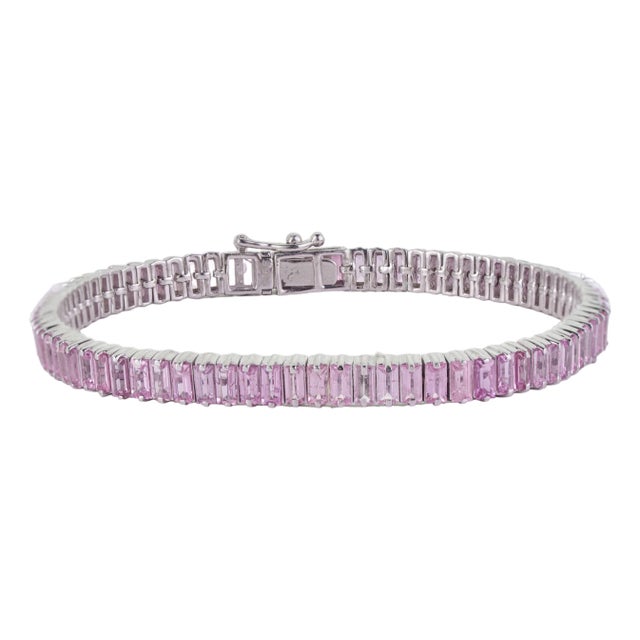 Baguette Cut 10.47 Ct Pink Sapphire Linear Tennis Bracelet for Valentine in Silver, 7 Inch For Sale
