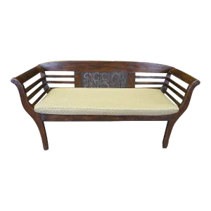 Late 19th Century Antique Primitive Indonesian Carved Teak Wood Farmhouse Hall Entry Bench