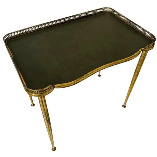 Vintage Neoclassical Brass Side Table with Green Leather Top and Gallery Rim in Hollywood Regency style from the 1960s. A...
