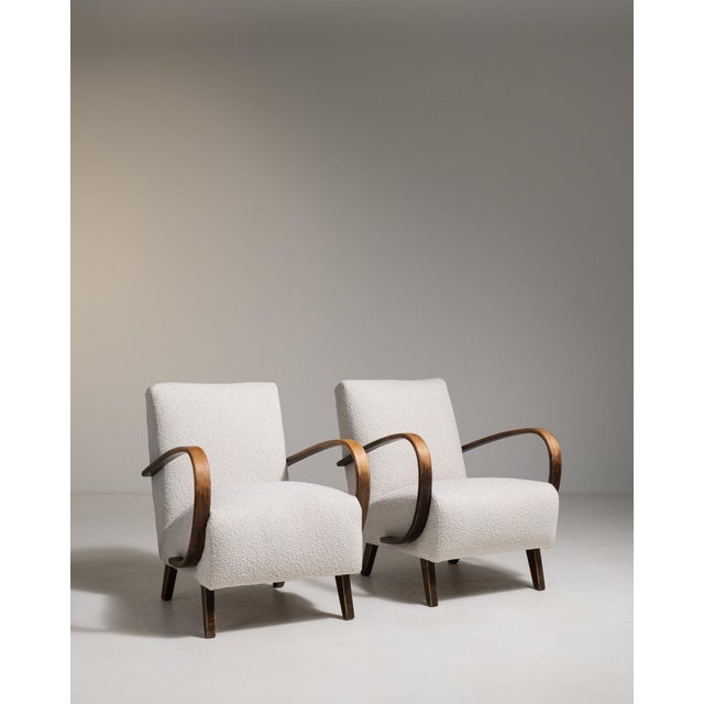 Ivory 1930-1939 Czech Republic Warm Ivory Linen Pair Of Bentwood-Arm Lounge Chairs For Sale - Image 8 of 11
