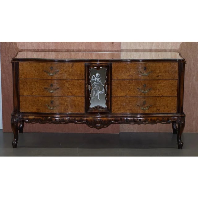 Vintage Italian Burr Walnut Sideboard with Mirrored Top & Serpentine Front For Sale - Image 3 of 18