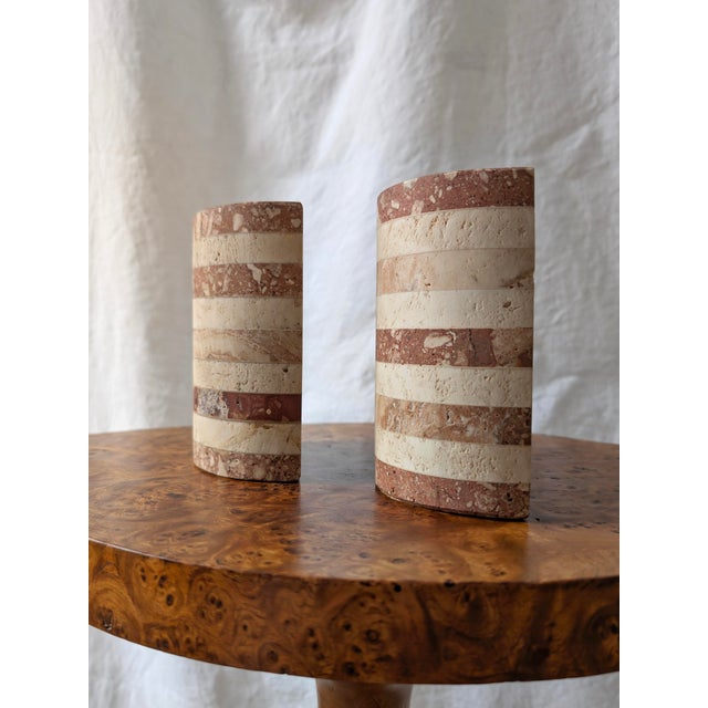 Beige Vintage Striped Travertine Demilune Bookends by Fratelli Mannelli, 1970s, Set of 2 For Sale - Image 8 of 13