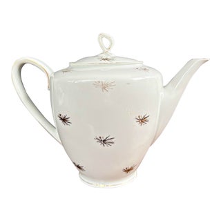 Vintage Bavaria White Porcelain Teapot by Oscar Schaller With Gold Starburst Pattern, Germany (1910–1935) For Sale