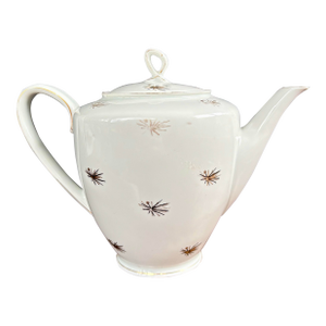 Vintage Bavaria White Porcelain Teapot by Oscar Schaller With Gold Starburst Pattern, Germany (1910–1935)