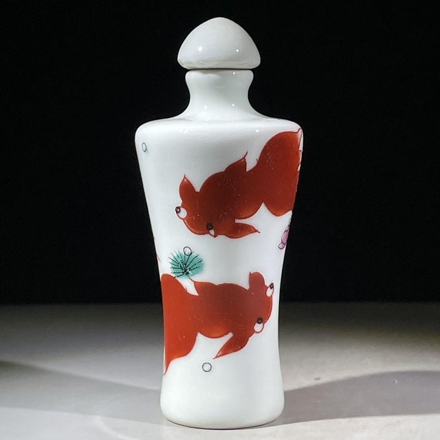 Ceramic Iron Red Porcelain Snuff Bottle With Fish Motif For Sale - Image 7 of 9