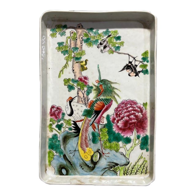 1970s Chinese Famille Rose Porcelain Rectangular Tray With Phoenix and Peonies For Sale