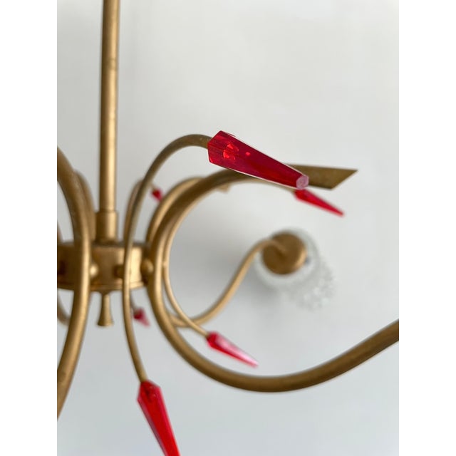 Mid-Century Modern French Atomic Chandelier with Red Acrylic Glass Accents and Textured Glass Shades, 1960s For Sale - Image 6 of 13