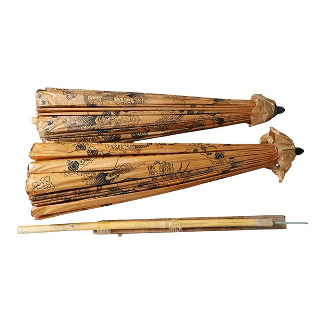 Pair of Extra-Large Vintage Chinese Dragon & Phoenix Oil-Paper Parasols For Sale