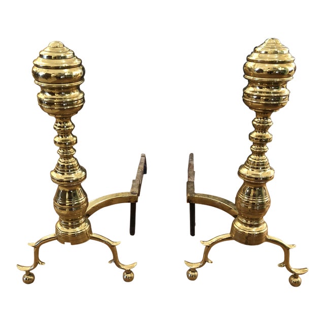 Classic Antique Beehive Chippendale Polished Brass Large Andirons -A Pair For Sale