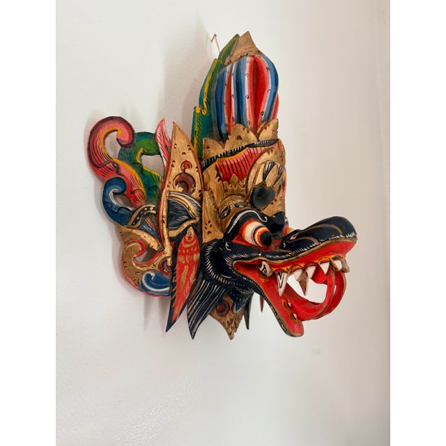 Vintage Indonesian Hand Carved Painted Wood Barong Garuda Mask For Sale - Image 4 of 12