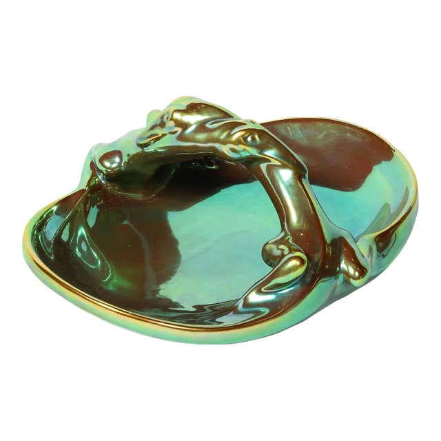 1930s Art Deco Basket Form Ceramic Dish of Entwined Lizards by Zsolnay Eosin For Sale