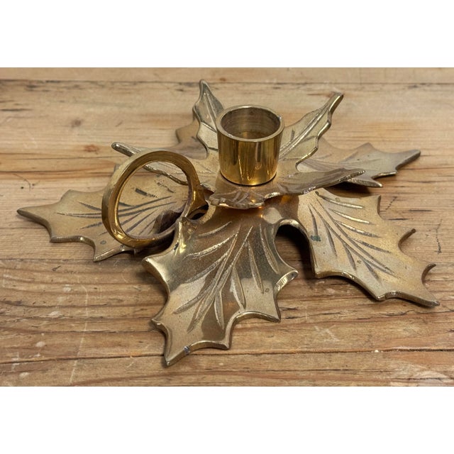 Mid 20th Century Vintage Brass Poinsettia Candle Holder Pair For Sale - Image 5 of 6