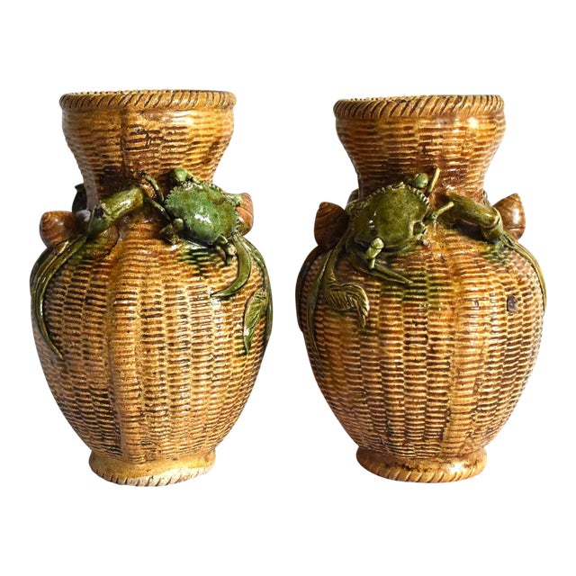 Antique Meiji Japanese Basketweave Vases With Crabs and Snails - a Pair For Sale