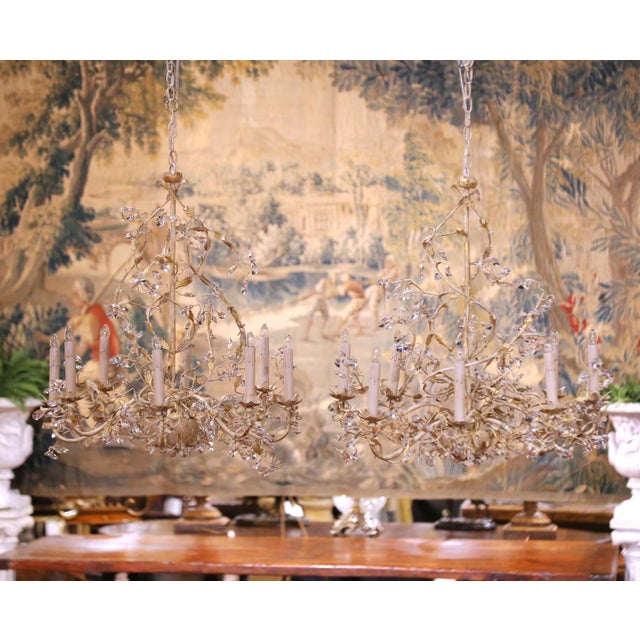 Early 20th Century Pair of French Louis XV Painted Tole and Crystal Eight-Light Chandeliers For Sale - Image 5 of 13