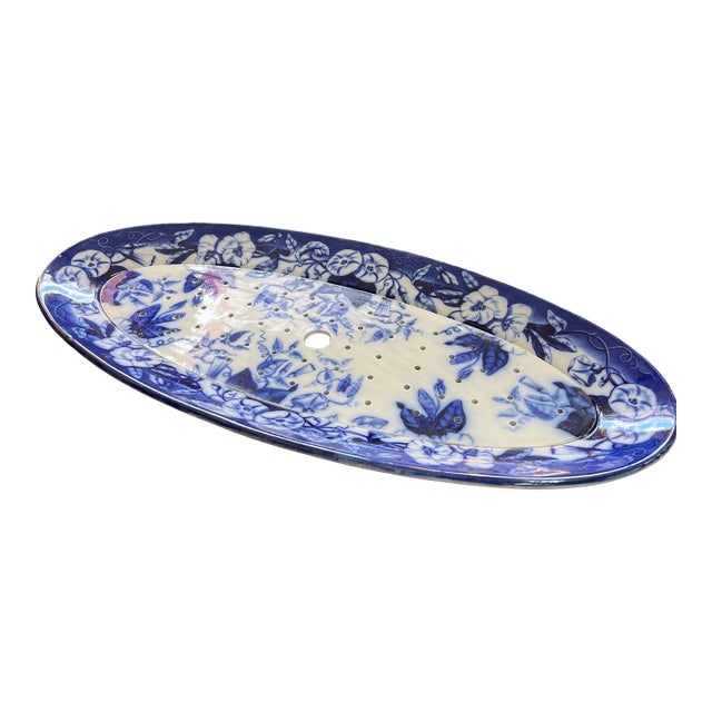 David Johnston Versailles France Mid 19th Century Flow Blue Morning Glory Fish Platter With Insert For Sale