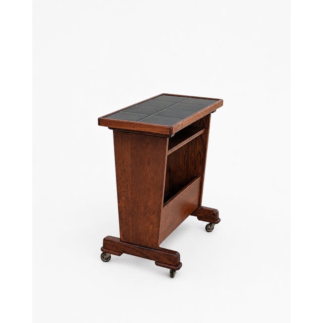 Wood Serving Trolley in Oak Wood with Black Tile Top and Wheels, 1950s For Sale - Image 7 of 10