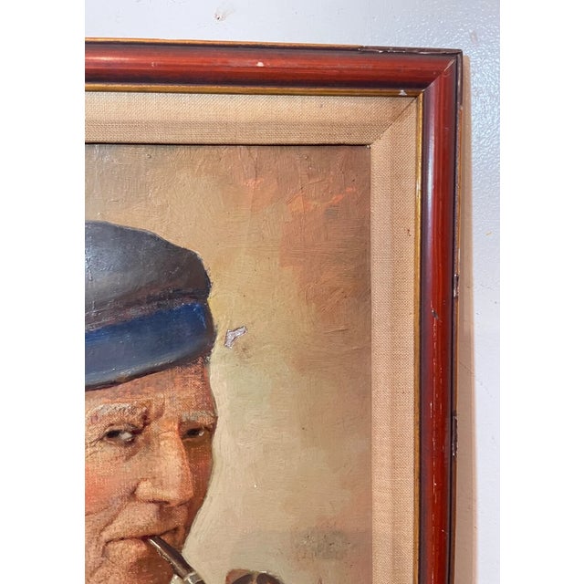 Antique 1920's Elder Man Expressionism Smoking Pipe Oil Painting Portrait Art For Sale - Image 11 of 11
