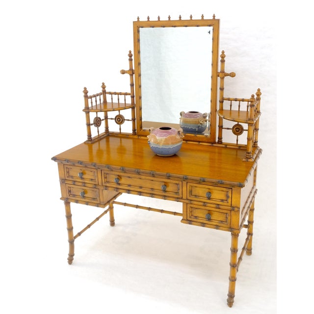 Fine Faux Burnt Bamboo Vanity Dressing 5 Drawers Table Tilting Mirror MINT For Sale - Image 6 of 18