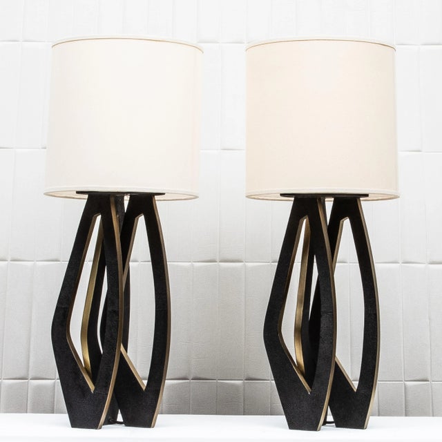 Pair of Modern Lamps in Black Shagreen With Bronze Patina Brass by R&y Augousti For Sale In Los Angeles - Image 6 of 9