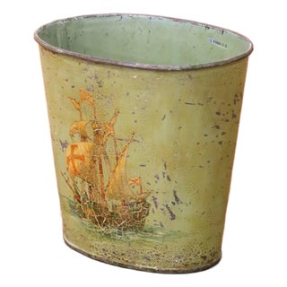Early 20th Century French Hand-Painted Tole Waste Basket With Sailing Ship For Sale