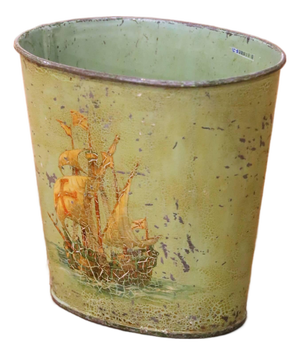 Early 20th Century French Hand-Painted Tole Waste Basket With Sailing Ship