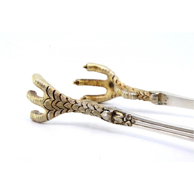 Metal Silver Ice Tongs with Gold-Colored Claws, Raised Temples and Grooves For Sale - Image 7 of 9