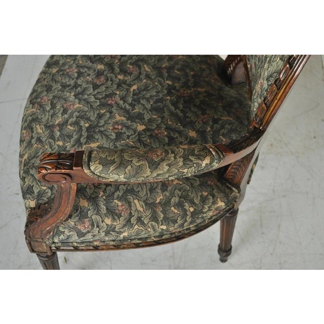 Brown Vintage French Louis XVI Style Carved Walnut Fireside Arm Chair Fauteuil For Sale - Image 8 of 11