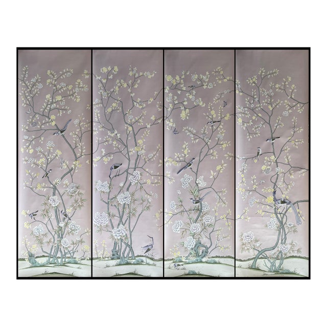 Custom Hand-Painted Silk Chinoiserie Mural | Dusty Lavender Botanical Heron Wallpaper | Luxury Handcrafted Wall Covering For Sale