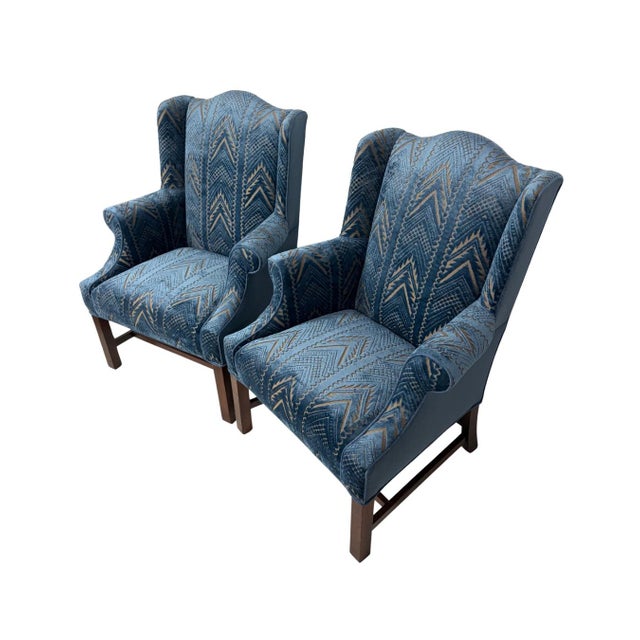 Transitional Pair of Upholstered Wingback Armchairs in a Thibaut Blue Cut Velvet For Sale - Image 3 of 4