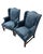 Transitional Pair of Upholstered Wingback Armchairs in a Thibaut Blue Cut Velvet For Sale - Image 3 of 4