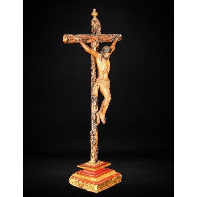 Wood Spanish Baroque Carved Polychrome Crucifix, 1600s For Sale - Image 7 of 12