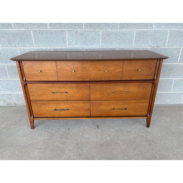 Mid-Century Modern The Basic Witz Company Cherry Mid Century Double 54" Dresser & Mirror For Sale - Image 3 of 11