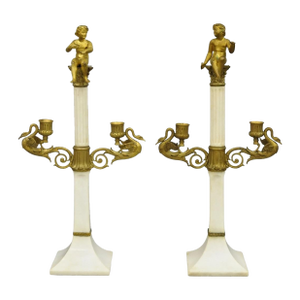 Antique French Neoclassical Bronze Swans Cherub Marble Column Candelabras - Pair