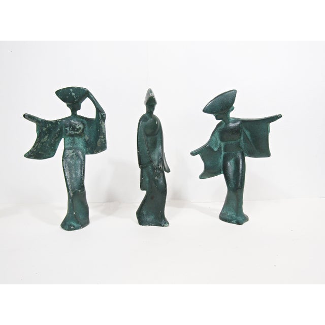 1950s 1950s Set of 3 Verdigris Cast-Iron Japanese Awa Odori Geisha Dancers, 7" MCM For Sale - Image 5 of 9