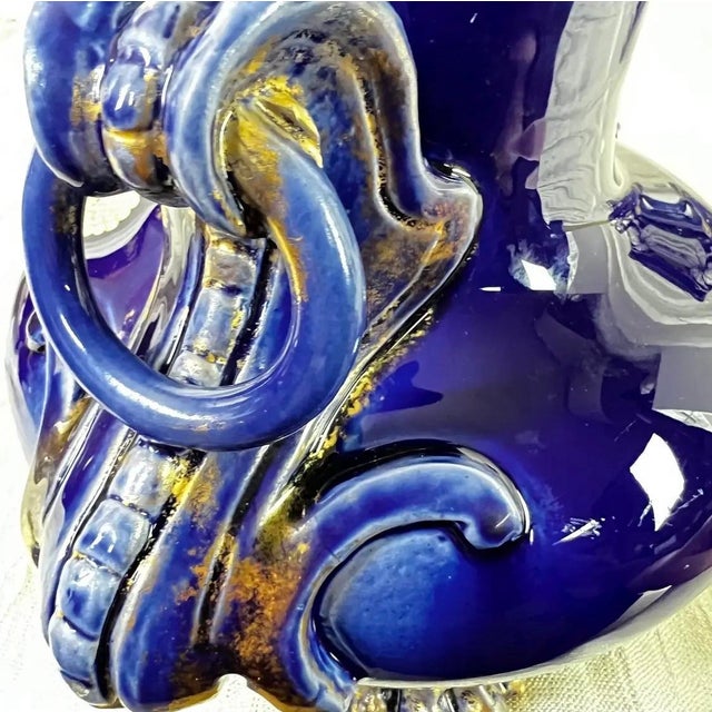 Antique French Cobalt Blue Faience Urns Pair W/ Gilt Swan Handles For Sale In Portland, OR - Image 6 of 12