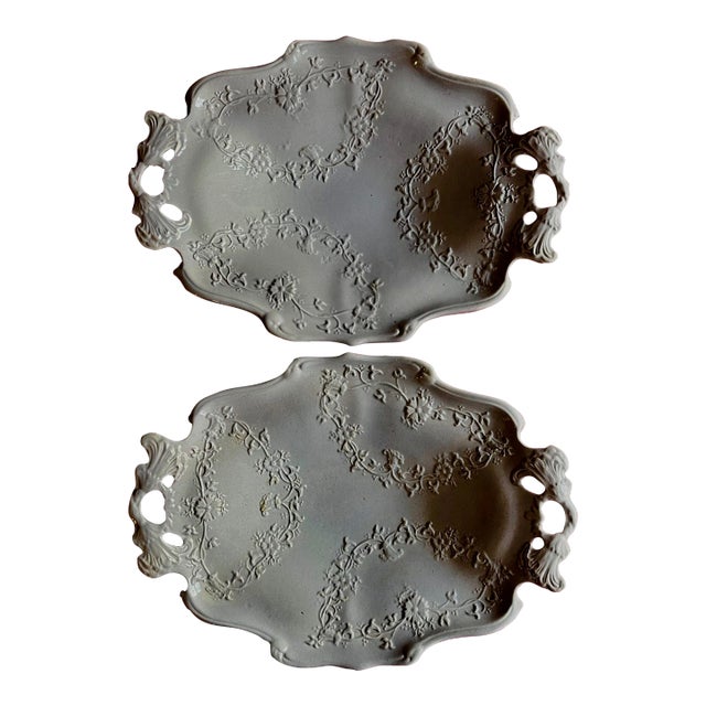 Antique 19th Century English Solid Light Blue Staffordshire Pottery Handled Trays - a Pair For Sale