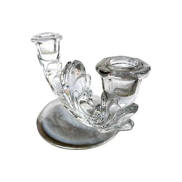 Vintage pair of clear glass-molded Art Deco candleholders. No maker's mark. Circa 1930s.Excellent!