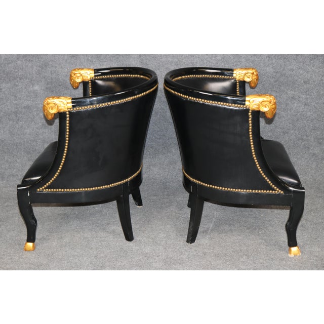 French 20th C Pair French Directoire Style Ebonized and Gilt Ramshead Club Chairs For Sale - Image 3 of 13